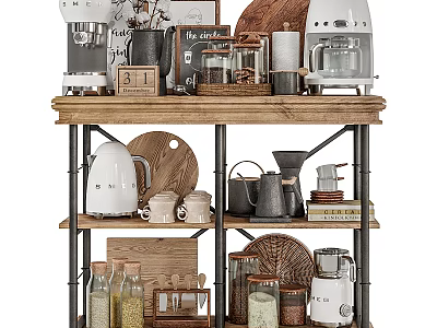 Organized Kitchenware Display On Wooden Metal Shelf With Kettle Jars And Cutting Board 3d model