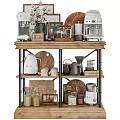 Organized Kitchenware Display On Wooden Metal Shelf With Kettle Jars And Cutting Board