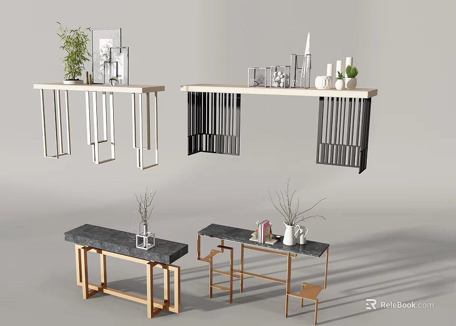 Modern Console Table Designs With Metal Frames Marble Tops And Decorative Plants 3d model