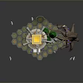 Fantasy Floating Tower Structure With Yellow Spire Root Base Green Plants And Floating Feathers