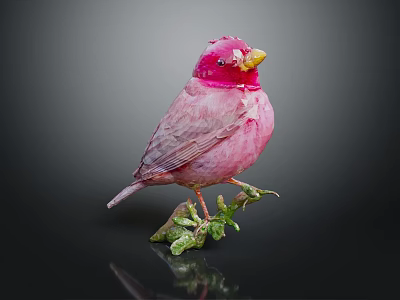 Vibrant Pink Bird Perched On Branch With Green Leaves And Dark Background 3d model