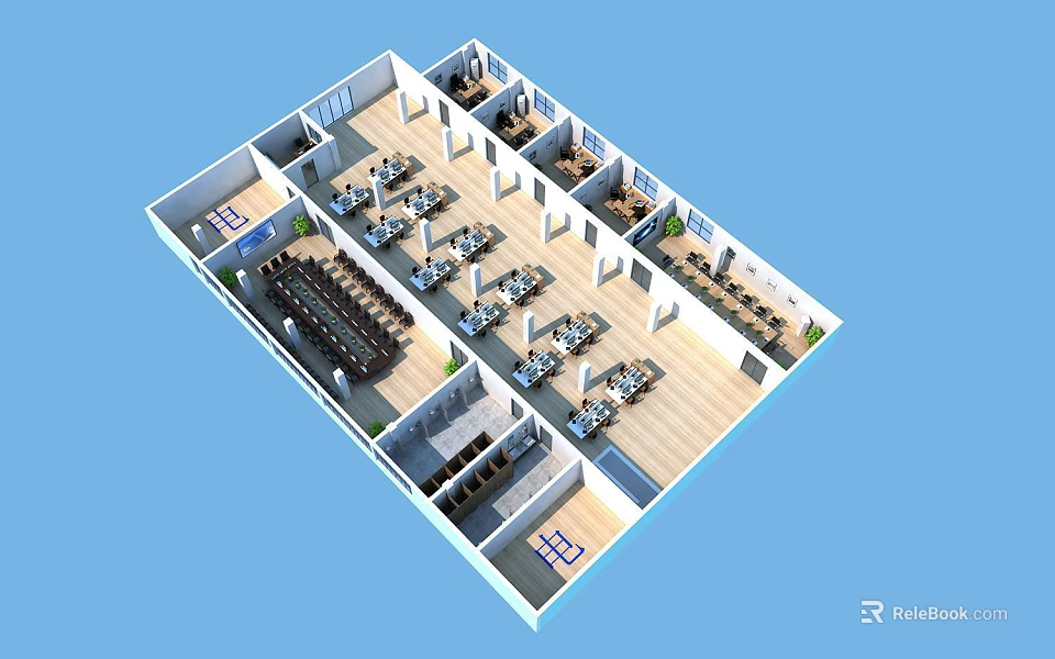 Modern Spacious Public Office Area 3D Floor Layout With Well Arranged Workstations And Multiple Functional Rooms 3d model 