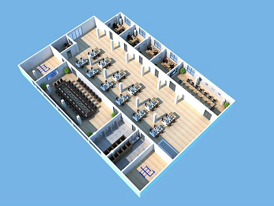Modern Spacious Public Office Area 3D Floor Layout With Well Arranged Workstations And Multiple Functional Rooms 3d model
