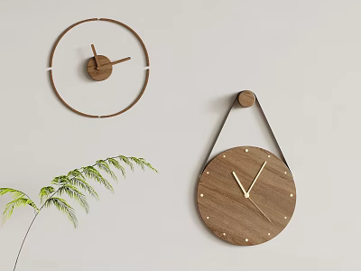Minimalist Wooden Wall Clocks with Natural Design Hanging on Light Gray Wall and Green Leaf 3d model