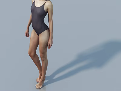 A Woman in Dark One Piece Swimsuit Standing Barefoot on Gray Background with Shadow 3d model