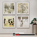 Four Birch Tree Paintings Wall Decor With Small Plant On Side Table 3d model