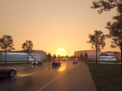 Road Infrastructure With Cars Driving Alongside Trees And Modern Buildings At Sunset 3d model