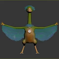 Colorful Bird with Green Blue Feathers Orange Body Round Badge Standing Spread Wings on Gray