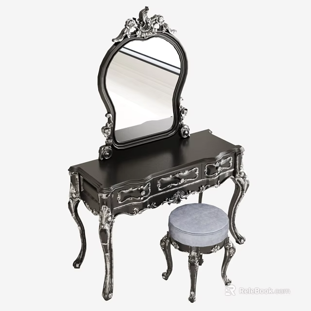 Vintage Dressing Table With Carved Silver Frame Black Top And Matching Stool 3d model