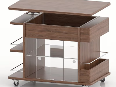 Wooden Rolling Storage Cart With Glass Doors And Drawers On Wheels 3d model