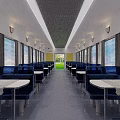 Modern Train Interior Seating Area With Blue Upholstered Seats White Tables And Windows 3d model