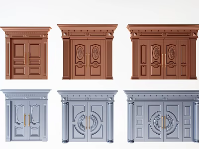 Elegant Front Doors With Brown And Blue Finishes Decorative Carvings And Panel Details 3d model
