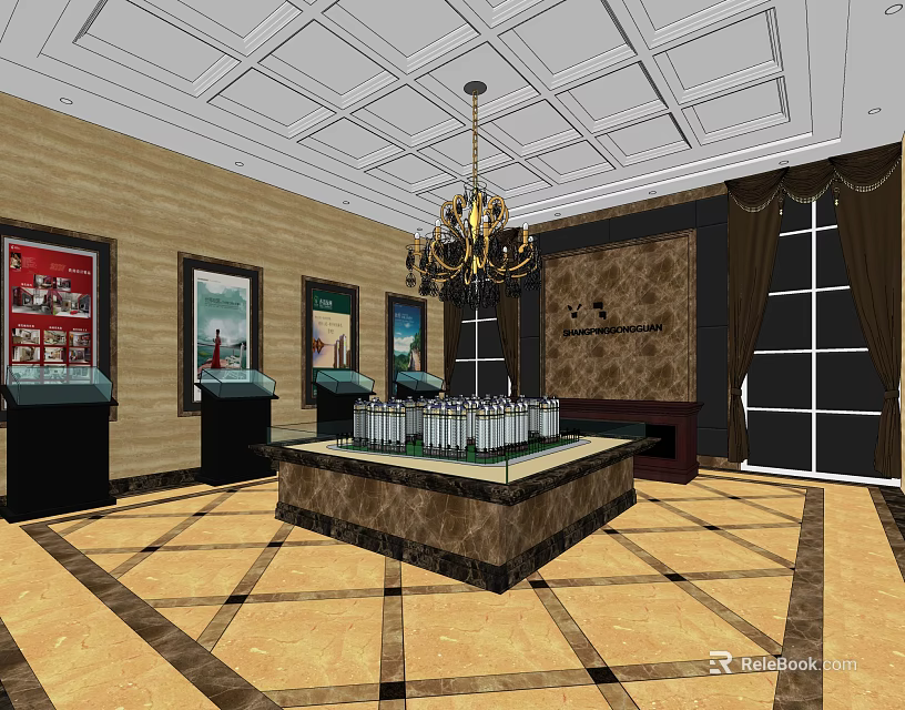 Elegant Sales Office Interior With Chandelier Display Table Wall Paintings And Cabinets 3d model 