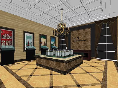 Elegant Sales Office Interior With Chandelier Display Table Wall Paintings And Cabinets 3d model