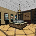 Elegant Sales Office Interior With Chandelier Display Table Wall Paintings And Cabinets