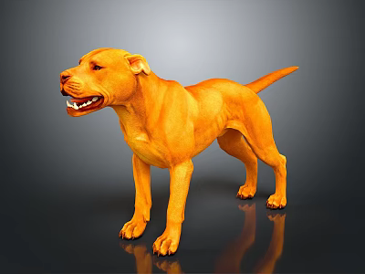 Yellow Dog 3D Model in Standing Pose with Gray Background and Reflective Floor 3d model