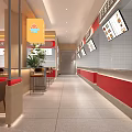 Modern Restaurant Interior With Wooden Elements Counter Seating Pendant Lights Red Decor And Green Plants