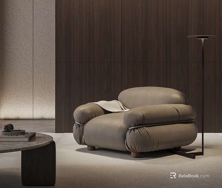 Light Gray Single Sofa with Cozy Blanket Round Coffee Table Floor Lamp and Wooden Wall 3d model 