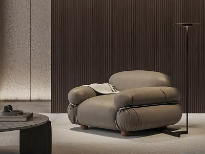 Light Gray Single Sofa with Cozy Blanket Round Coffee Table Floor Lamp and Wooden Wall 3d model