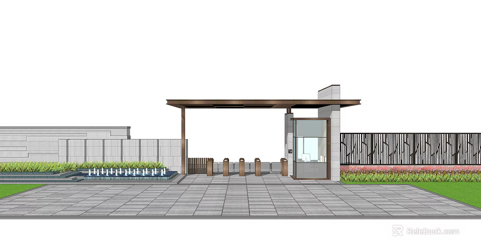 Contemporary Residential Gate With Pergola Roof Stone Pavement Glass Panels And Green Shrubs 3d model 