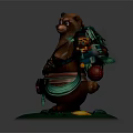 Game Movie Bear Character In Decorative Outfit With Backpack Glowing Item On Green Base