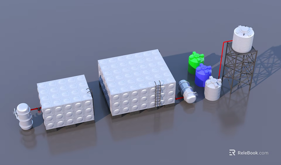 Modern Industrial Equipment Configuration With Large Square Tanks Colored Machinery And Storage Towers 3d model 