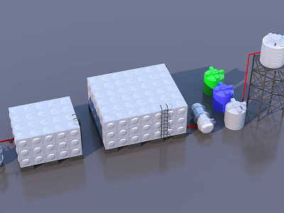 Modern Industrial Equipment Configuration With Large Square Tanks Colored Machinery And Storage Towers 3d model