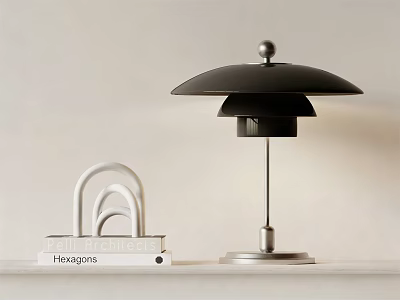 Modern Black Table Lamp With Metal Base And Hexagons Book On Shelf 3d model