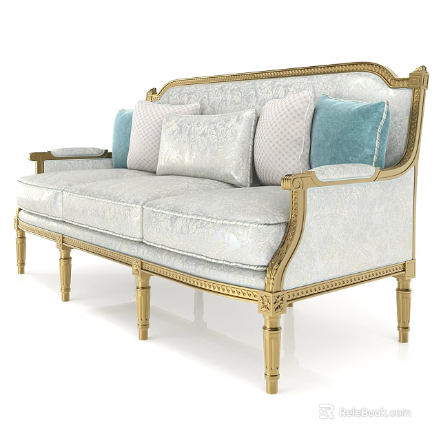 Elegant Classic Sectional Sofa with Gold Frame Accents and Light Blue Decorative Pillows 3d model 