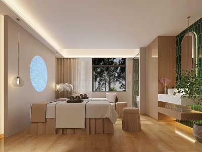 Luxury SPA Room Interior With Massage Bed Wooden Flooring Natural Light And Green Plants 3d model
