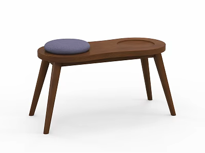 Wooden Stool With Blue Padded Seat And Circular Tray On Three Legs 3d model