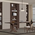 Modern Study Room With Built in Bookshelves Wooden Table Stools Pendant Light And Window Blinds