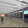 Open Clean Bright Service Hall With Multiple Service Windows Blue Screen National Flag And Seats