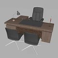 Modern Executive Office Desk with Wooden Top Black Leather Chair Lamp Mat and Side Chairs