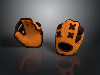 Two Orange Leather Baseball Gloves With Black Cross Stitching And Accents 3d model
