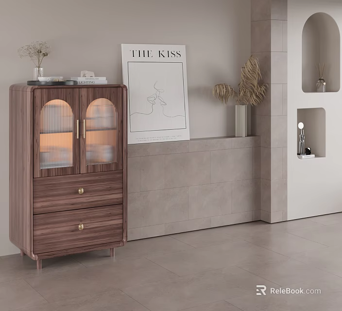 Modern Wooden Sideboard With Glass Doors Drawers And Brass Handles In Light Tile Background 3d model 