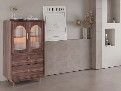 Modern Wooden Sideboard With Glass Doors Drawers And Brass Handles In Light Tile Background 3d model