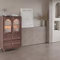 Modern Wooden Sideboard With Glass Doors Drawers And Brass Handles In Light Tile Background
