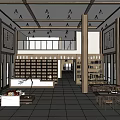 Traditional Chinese Tea House Interior With Tall Shelves Wooden Tables And Pendant Lights