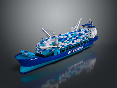 Blue Container Ship With Stacked Blue And White Containers And Deck Cranes 3d model
