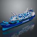 Blue Container Ship With Stacked Blue And White Containers And Deck Cranes 3d model