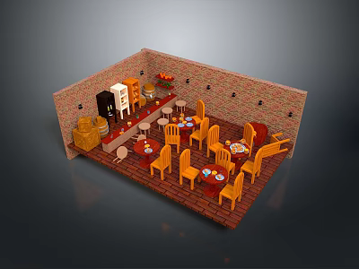 Orange Dining Chairs In Restaurant Interior With Brick Walls Wooden Floor And Tables 3d model