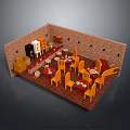 Orange Dining Chairs In Restaurant Interior With Brick Walls Wooden Floor And Tables