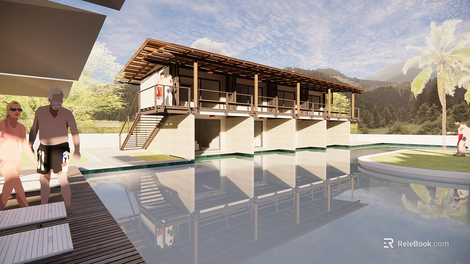 Modern Vacation Villa With Wooden Roof Open Deck Swimming Pool And Mountain View 3d model 