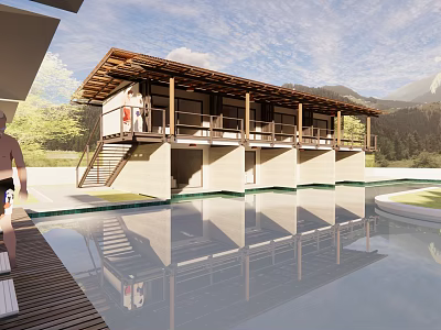 Modern Vacation Villa With Wooden Roof Open Deck Swimming Pool And Mountain View 3d model