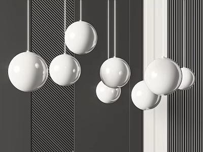 Modern White Spherical Pendant Lights Hanging In Minimalist Interior With Striped Background Walls 3d model