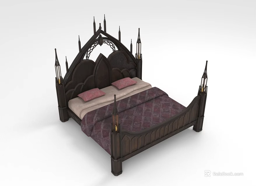 Gothic Style Dark Wooden Double Bed With Spired Headboard Pink Pillows And Purple Patterned Bedspread 3d model 