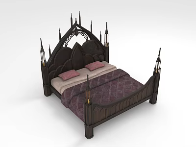 Gothic Style Dark Wooden Double Bed With Spired Headboard Pink Pillows And Purple Patterned Bedspread 3d model