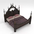 Gothic Style Dark Wooden Double Bed With Spired Headboard Pink Pillows And Purple Patterned Bedspread