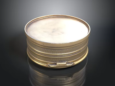 Vintage Gold Round Box With Intricate Carved Patterns And Clasp Closure 3d model